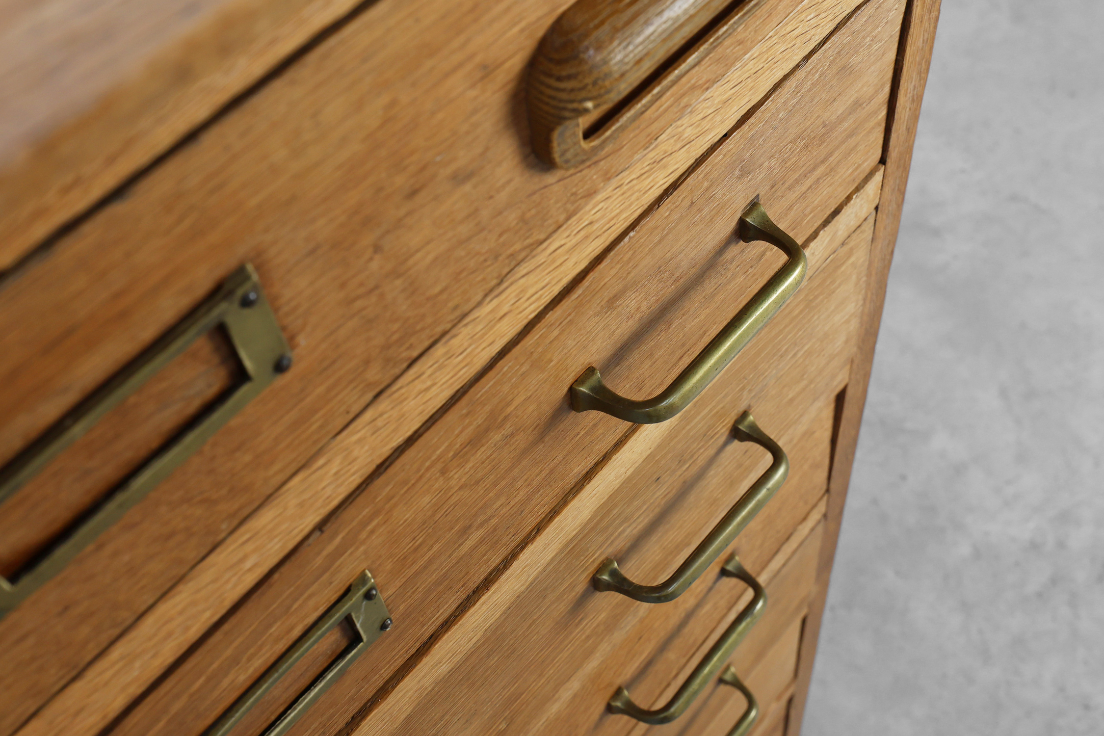 Industrial Oak Filing Cabinet with Brass Handles, United Kingdom, 1920sthumbnail